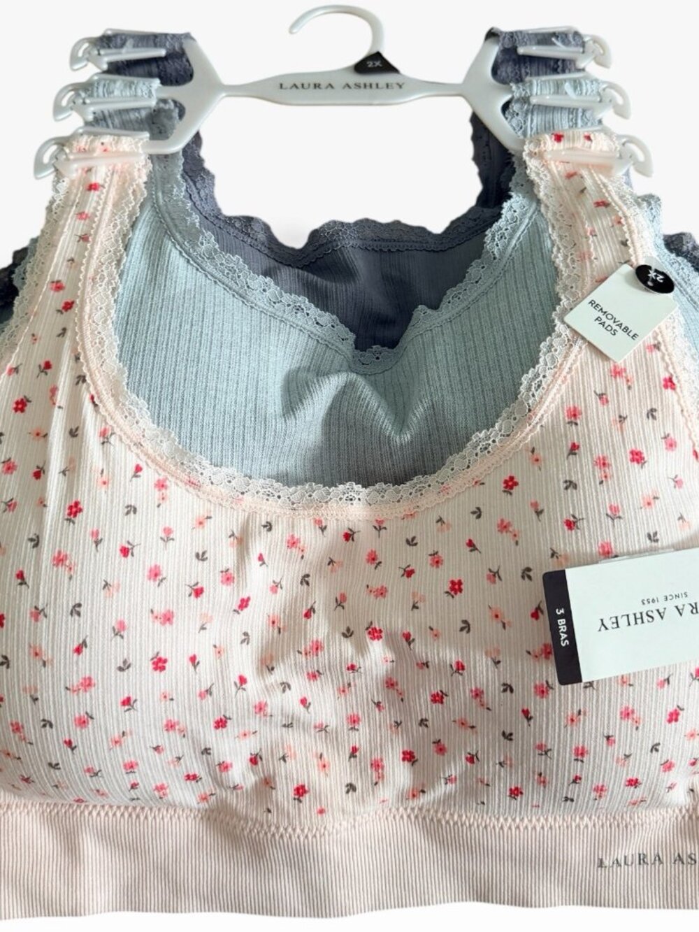 Laura Ashley 3 SOFT LOUNGE BRA'S Removable Pads & Lace Trim 2X NWT $44